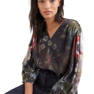 Pankaj & Nidhi Anthropologie Bastienne Sequin Trim Print Blouse XS Retail $148